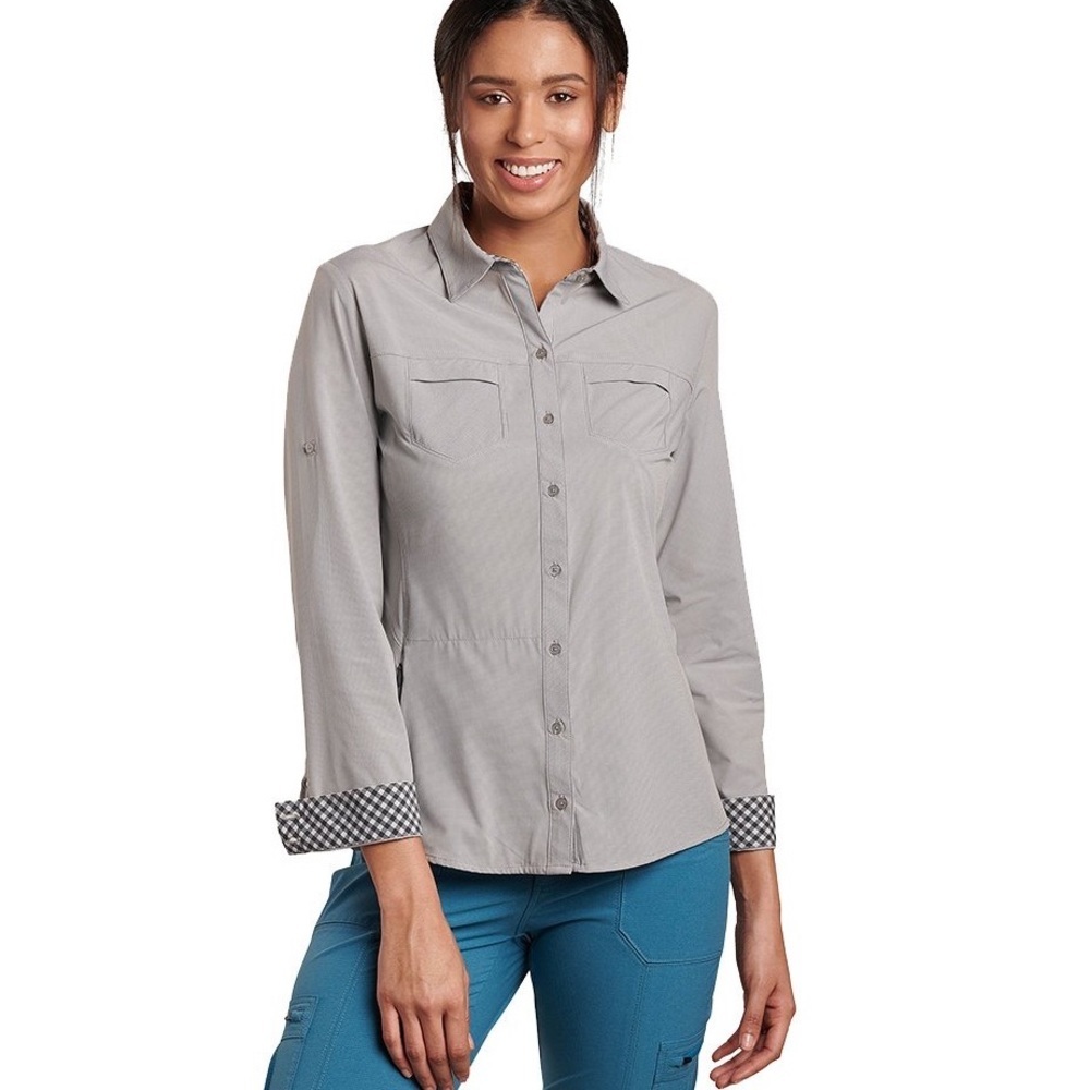 Kuhl Women's Light Gray Button-Down Shirt with Check Cuff Detail